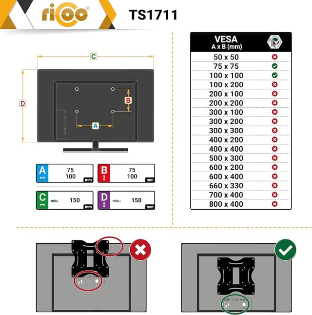 Detalle de RICOO TS1711 supporto monitor da scrivania girevole e inclinabile VESA 75x75/100x100 per schermi 13–30