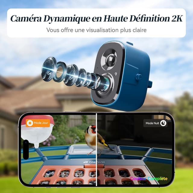 Detalle 2 de Mangeoire intelligente pour oiseaux avec caméra 2K et IA, 2,4 GHz/5 GHz, énergie solaire, anti-écureuils