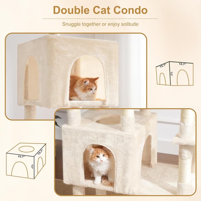 Detalle 2 de Heybly Kratzbaum Groß (193 cm) – mit 2 Katzenhäuschen, Hängematte, Korb und 10 Sisal-Kratzstämmen, Beige HCT039M