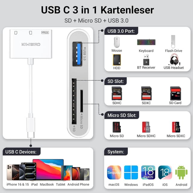 Detalle 2 de KiWiBiRD USB‑C SD/microSD Kartenleser – Adapter für SDHC/SDXC & microSDHC/microSDXC (UHS‑I, UHS‑I, bis 60 MB/s)