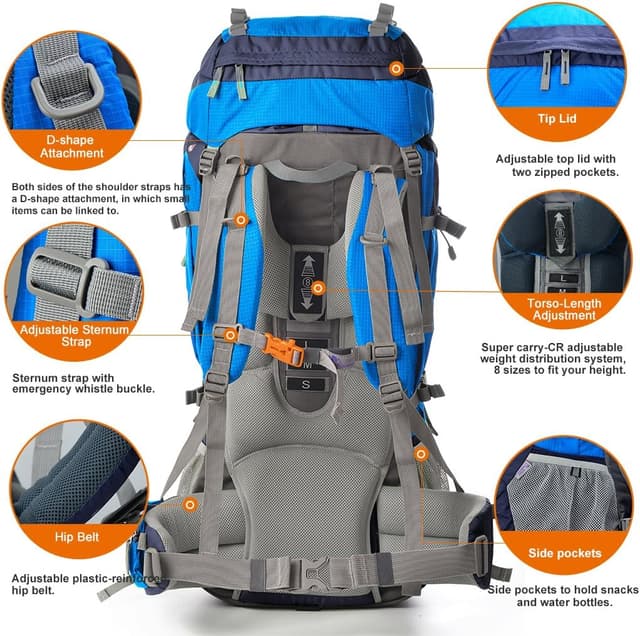 Detalle 2 de MOUNTAINTOP Trekkingrucksack 80L (80 Liter) – Wanderrucksack für Herren & Damen mit Regenschutz