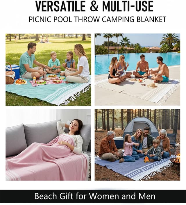 Detalle 2 de Yongoes Oversized Turkish Beach Towel Blanket (82 x 88 in) Cotton-Poly Blend Sandproof Throw for Adults