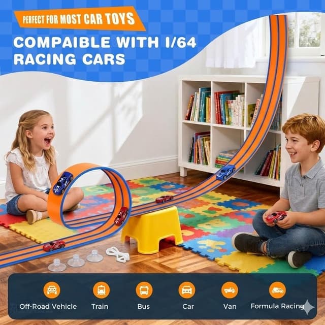 Detalle 2 de DKOXT 15 Ft Flexible Race Track for Kids DIY Car Track Set (Dual-Track) with 2 Toy Cars & 3 Suction Cup Ramps