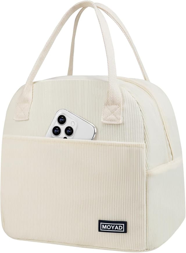 Detalle de Moyad reusable insulated lunch bag (10L) – white thermal tote for work, travel & picnics