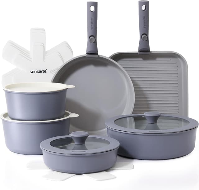 Detalle de SENSARTE Keramik Topfsets Pfannenset 17-teiliges Antihaft-Kochgeschirr mit abnehmbaren Griffen (Grau)