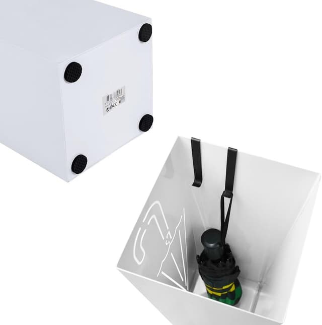 Detalle 2 de BAKAJI BAK3W portaombrelli in ferro design quadrato bianco con vaschetta salvagoccia e ganci