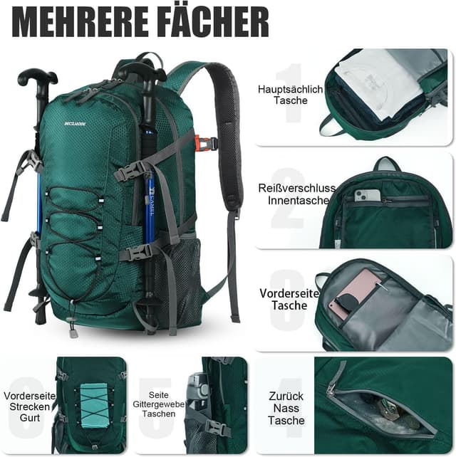 Detalle 2 de BECOJADDE Faltbarer Wanderrucksack 40L (Wasserdicht) – Ultraleicht mit Nassfach