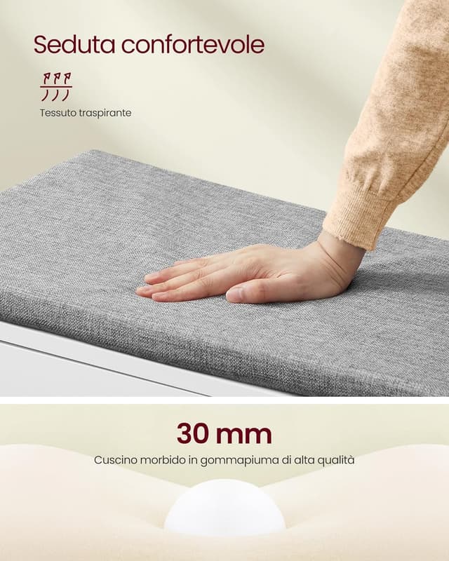 Detalle de VASAGLE LSB044W01 Panca scarpiera con 3 livelli, ante e cuscino rimovibile (35,5 × 101 × 52,5 cm) bianco nuvola/grigio tortora
