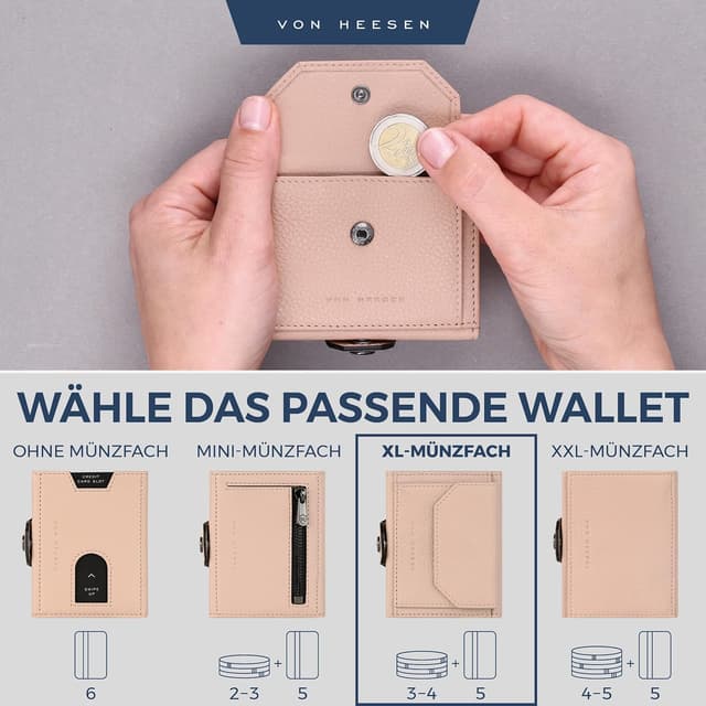 Detalle 2 de VON HEESEN Slim Wallet mit XL Münzfach und RFID-Schutz – Nappa-Leder Kartenetui Rose