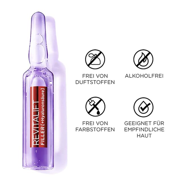 Detalle de L'Oréal Paris Revitalift Filler Hyaluron-Shots für Frauen – 7-Tage-Kur mit reiner Hyaluronsäure & Vitamin B5 (7 Einzeldosis-Ampullen)