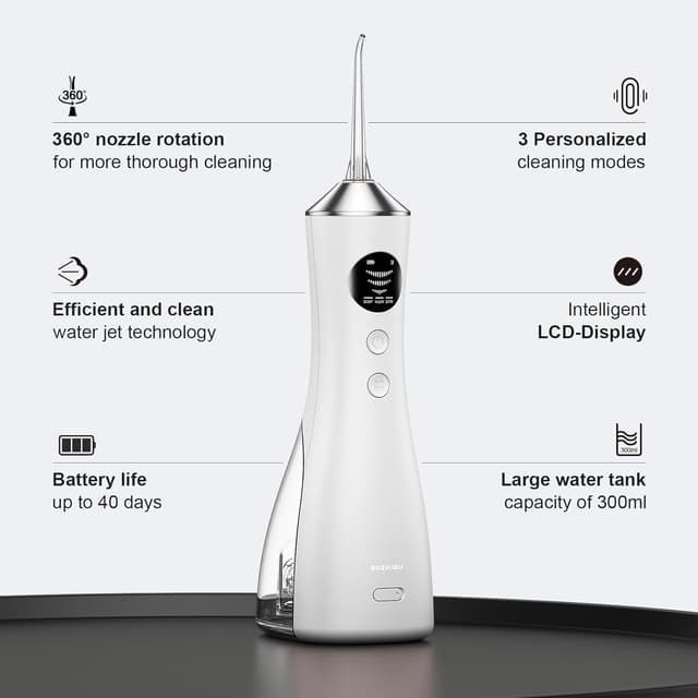 Detalle 2 de BUZHIWU Water Flosser for Teeth Cordless (300ml) – Portable Oral Irrigator with Screen Display, 3 Intensity Modes & Tips