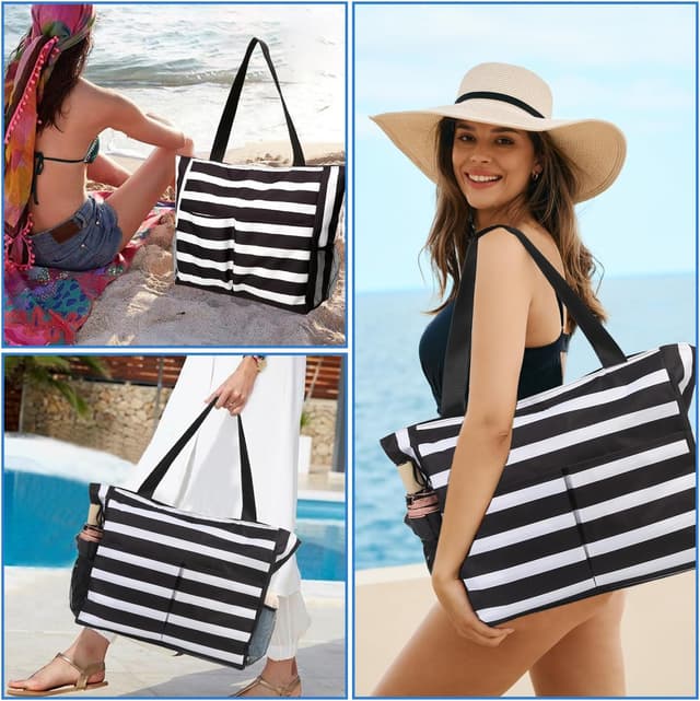 Detalle 2 de TAHAVICE Strandtasche Damen XXL (43 x 38 x 15 cm, 45 L) mit Reißverschluss – wasserdicht & sandfest für Familie, Pool und Reise