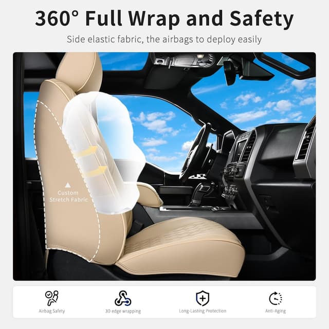 Detalle de Huidasource F150/F250/F350 Front & Rear Leather Seat Covers (Beige) for 2015-2025 Ford SuperCrew & 2017-2025 Super Duty Crew Cab