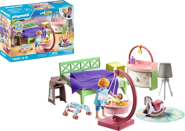 Detalle de PLAYMOBIL MyLife 71609 Schlafzimmer mit Babyspielecke – 50-teiliges Figuren-Set für Kinder ab 4 Jahren