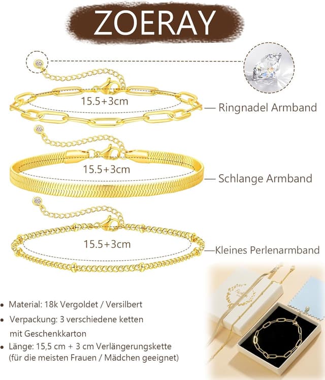 Detalle 2 de ZOERAY Bracelet femme or/argent – ensemble empilable serpent twist, clips et joncs, plaqué, réglable