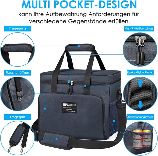 Detalle de SPGOOD Kühltasche (20L/30L/40L) faltbar – isolierte Thermotasche für Picknick, Strand & Camping in Blau
