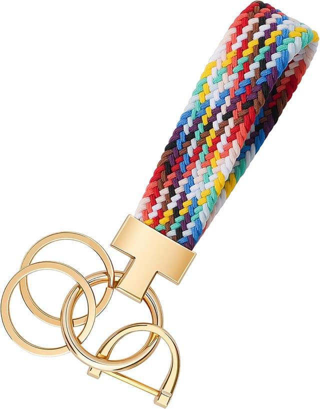 Detalle de CHUQING Schlüsselanhänger fürs Auto im Makramee-Look – elastisches Schlüsselband mit D-Ring und Schlüsselringen