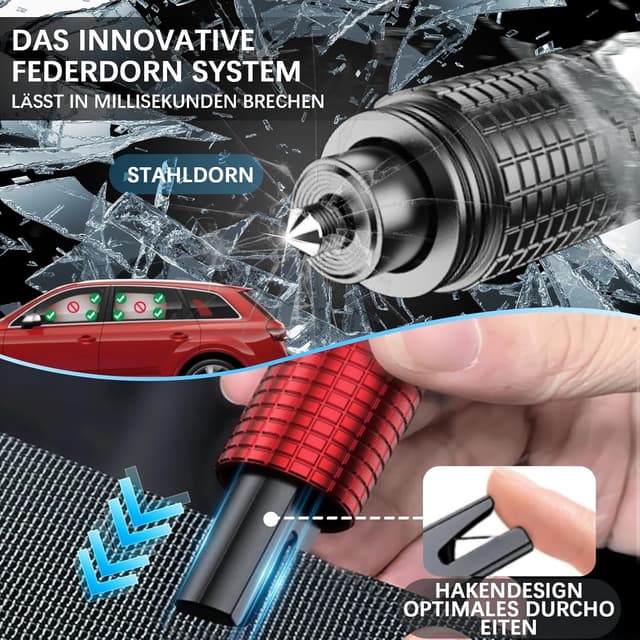 Detalle de Queltrix 2-in-1 Notfallhammer mit Gurtschneider (2 Stück, nachleuchtend) und Glasbrecher