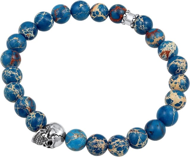 Detalle 2 de Kuzzoi Buddha Herren-Armband mit blauem Achat, Totenkopf-Anhänger und 925 Sterling Silber (19–23 cm) – Yogaarmband im Stretch-Look