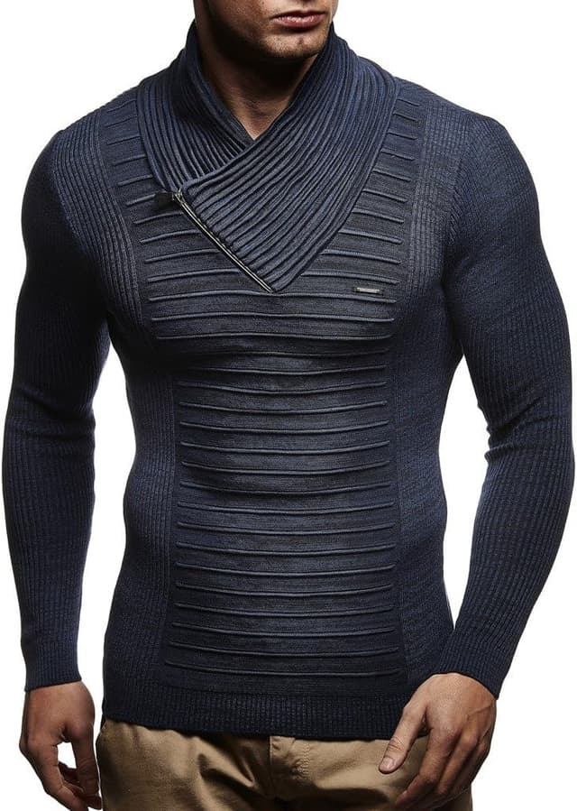 Detalle de Pull Leif Nelson en tricot à col châle pour homme LN1535, coupe ajustée