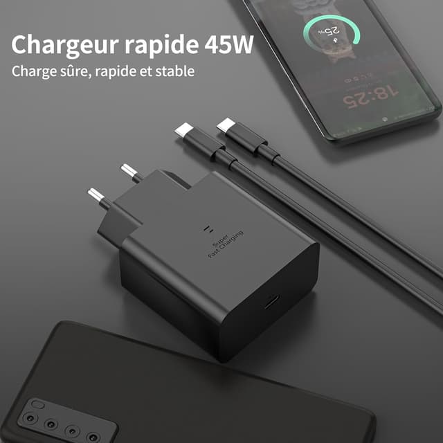Detalle de Chargeur USB-C 45 W BOLUX-JS avec Super Fast Charge 2.0 et câble USB-C 2 m (noir) pour Samsung Galaxy
