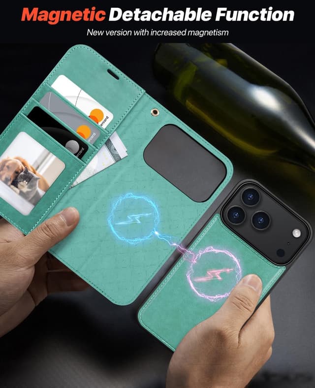 Detalle 2 de OCASE Handyhülle für iPhone 17 Pro (6,3 Zoll) – abnehmbares 2-in-1 Magnet-Cover mit Klapphülle, Kartenfach und RFID, Grün