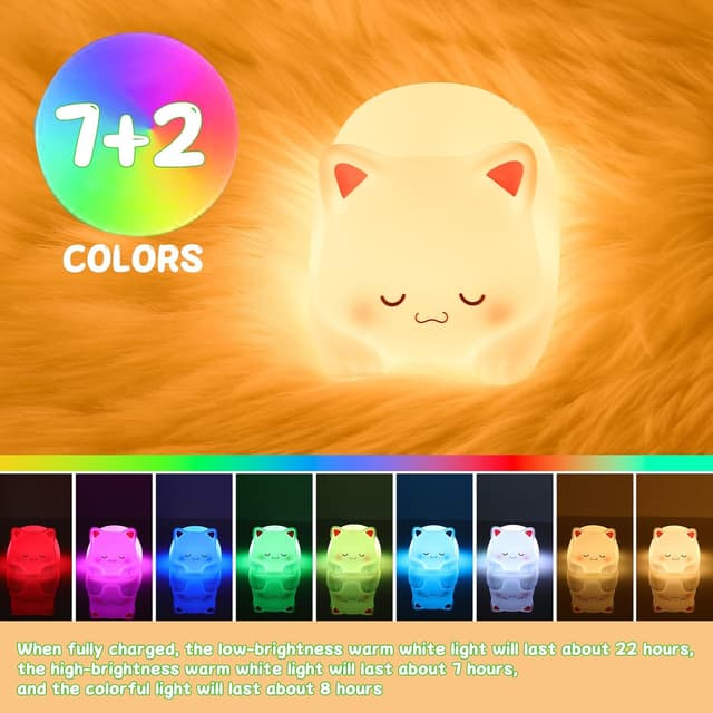 Detalle de LOVERUIS Squishy Katze Kinder-Nachtlicht mit Timer, dimmbar und buntem Silikon-Look