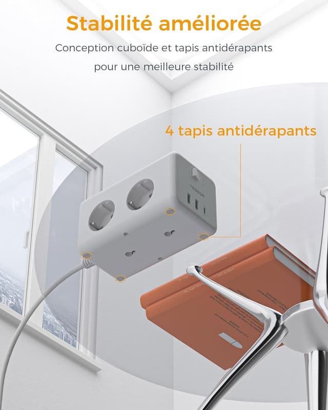 Detalle 2 de TESSAN 9 en 1 multiprise USB C : 6 sorties secteur, interrupteur et rallonge 2 m (gris)