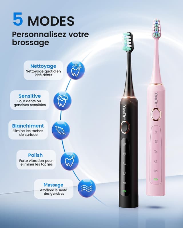 Detalle de Brosse à dents électrique sonique adultes (lot de 2) — 5 modes, 10 têtes de brosse et étui de voyage, étanche IPX7