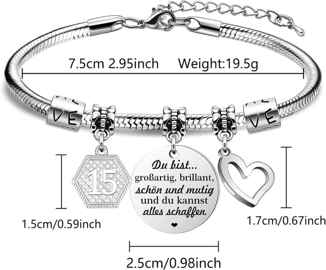 Detalle 2 de HEYEJET Armband zum Geburtstag für Frauen & Mädchen (15. Geburtstag) mit Gravur und Herz-Anhänger