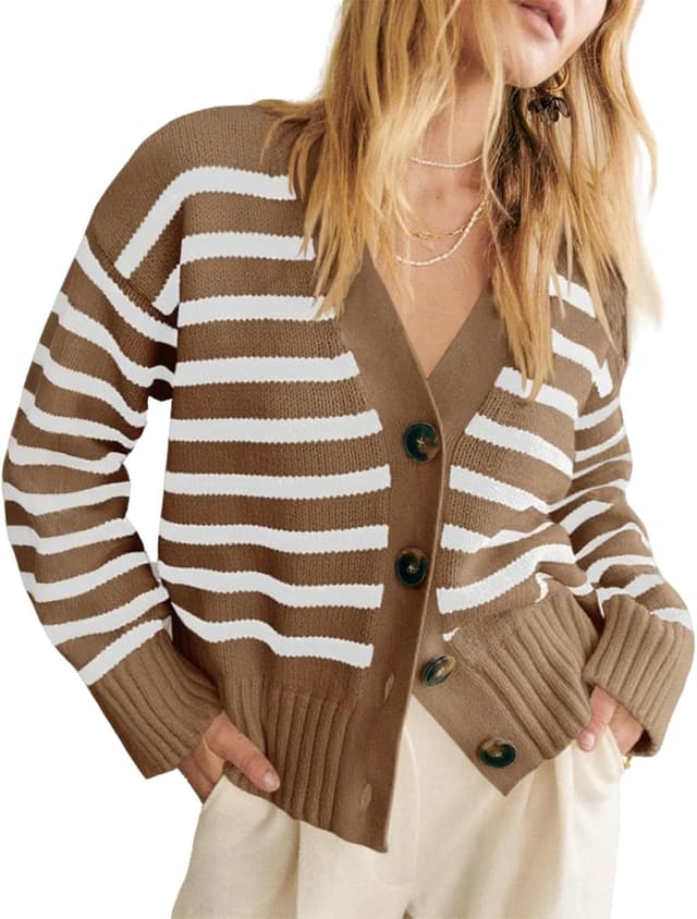 Detalle 2 de Truwelby women’s v-neck open-front striped cardigan sweater