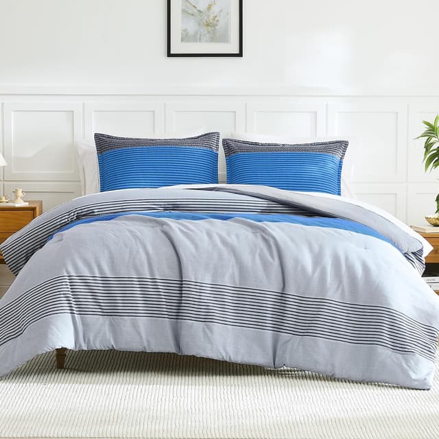 Detalle de Litanika Queen Down Alternative Comforter Set (Grey Blue Striped) with 2 Pillowcases