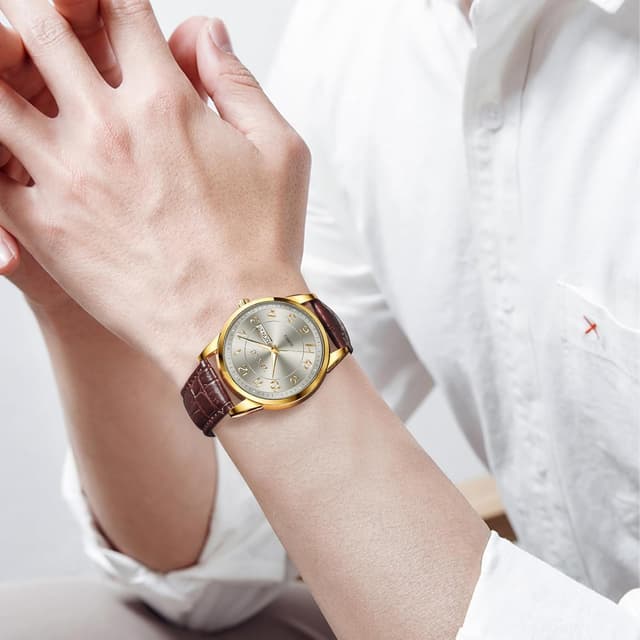 Detalle de Taxau Herren Quarzuhr mit Doppelkalender, Tag-Datum und 30 m wasserdichtem Lederarmband