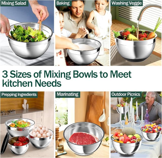 Thumbnail 5 de Nicdiet Mixing Bowls 1.5 2.5 5 QT Stainless Set