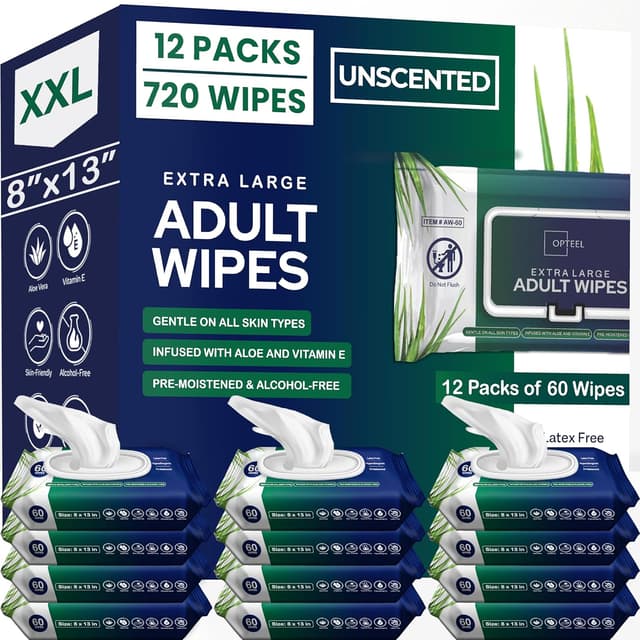 Detalle de OPTEEL Extra-Large Adult Wet Wipes (8" x 13") for Elder Care & Incontinence, Pre-Moistened with Vitamin E & Aloe