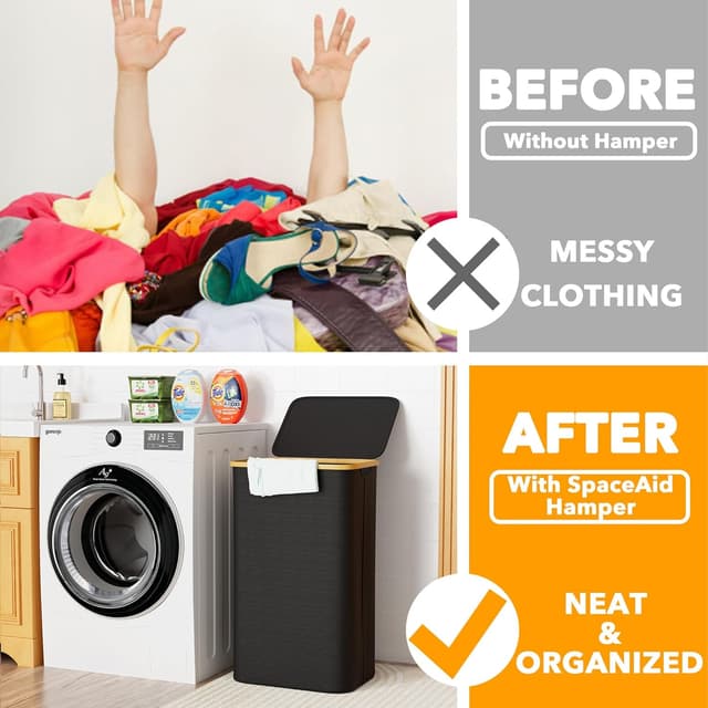 Detalle de SpaceAid 110L Collapsible Laundry Hamper with Lid and Bamboo Handles, Tall 4-Rod Frame for Bedroom, Bathroom, Dorm, Laundry Room (Black)