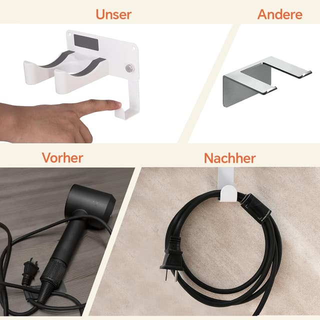 Detalle de CHOCHYAH Föhn Halterung ohne Bohren aus SUS304-Edelstahl – Wandhalterung für die meisten Haartrockner (weiß)