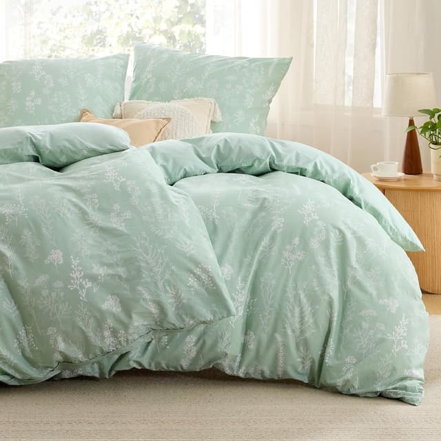 Detalle de BEDSURE Bettwäsche 135x200 (4-teilig) aus Baumwolle, grün mit Pflanzenblumen-Muster, mit Reißverschluss