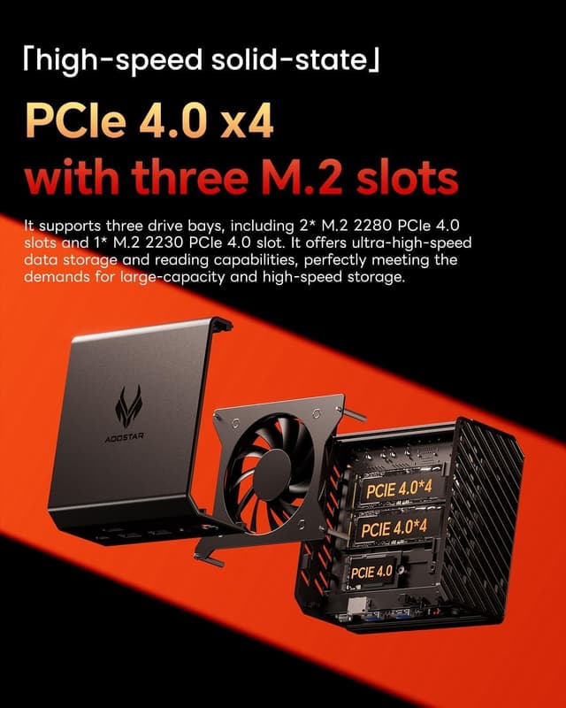 Detalle de AOOSTAR GT68 Mini PC mit Ryzen 7 PRO 6850H, 16 GB LPDDR5 und 1 TB SSD – Triple-Display & USB4/OCuLink