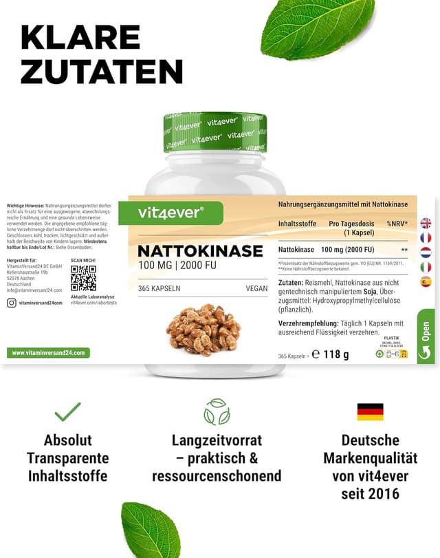 Detalle de Vit4ever Nattokinase – 365 Kapseln à 100 mg (20.000 UF/g), vegan, ohne Gentechnik