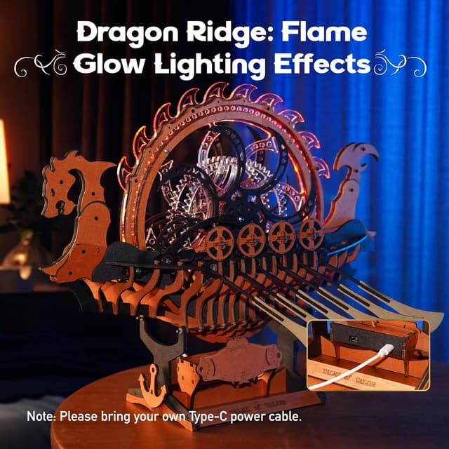 Detalle de Robotime LK802 Viking Dragon Ship 3D wooden model kit with motor and LED light