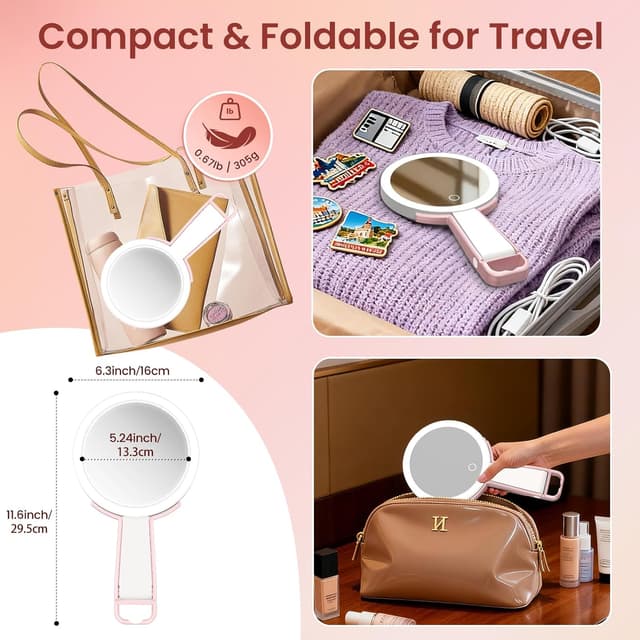 Detalle 2 de FZIFZI Makeup Mirror with Lights (10X/1X) – Rechargeable LED Magnifying Vanity Mirror, Pink
