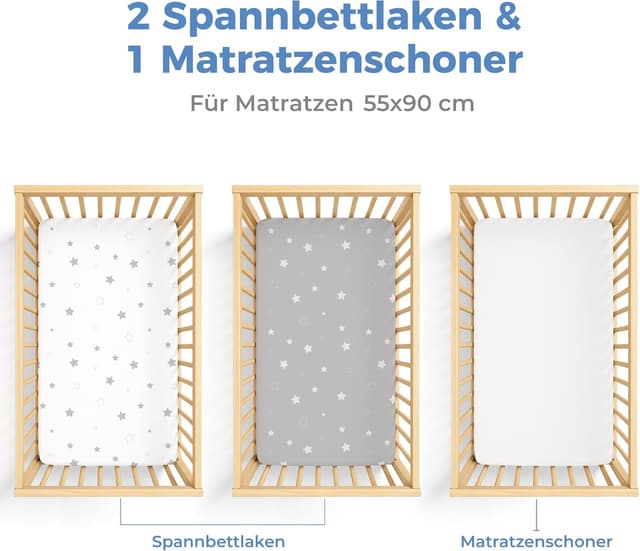 Detalle de Dreamzie Set 2 Spannbettlaken Kinderwagen + 1 Matratzenschoner Babybett (55x90 cm) aus 100% Baumwolle, wasserdicht