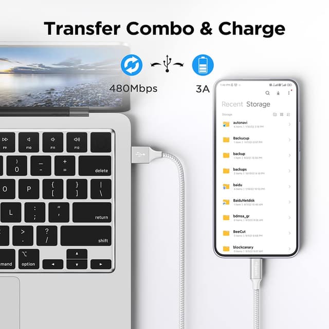 Detalle de etguuds 3-Pack USB-C Fast Charging Cables (USB-A to USB-C) with Nylon Braided Cord, White, 1m + 1m + 2m