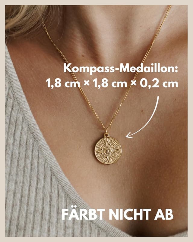 Detalle de GD GOOD.designs Piratenkette Damen mit Kompass-Anhänger – wasserfest vergoldete 18K Kette aus 316L Edelstahl