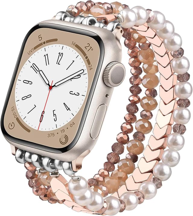 Detalle de V.R.HOPE Perlen-Armband für Apple Watch (44/45/46/49 mm) – Damen Schmuckband Rose/Weiß-Klein