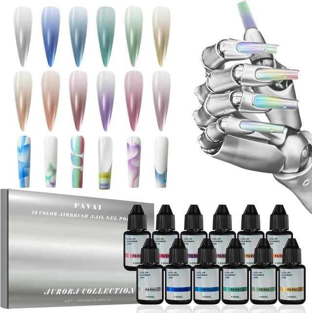Detalle de FAVAI Aurora Collection (#A) Airbrush Gel – Set de 12 couleurs métalliques iridescentes (baby boomer)
