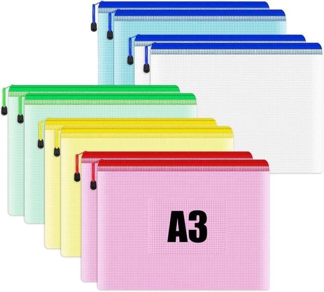Detalle 2 de 10-Pack A4 Plastic Zip Wallets with Mesh & Zipper – Ziplock Envelopes for Documents, A4 Paper & Small Items