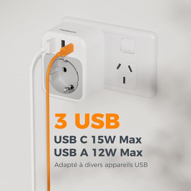 Detalle 2 de TESSAN Adaptateur prise Australie/Chine vers France avec 1 USB-C et 2 USB-A (2500 W max)