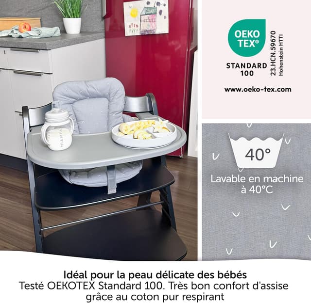Detalle 2 de LaLoona baby bedding réducteur pour chaise haute Hauck Alpha et Beta — coussin d’assise moelleux gris, certifié OEKO-TEX Standard 100